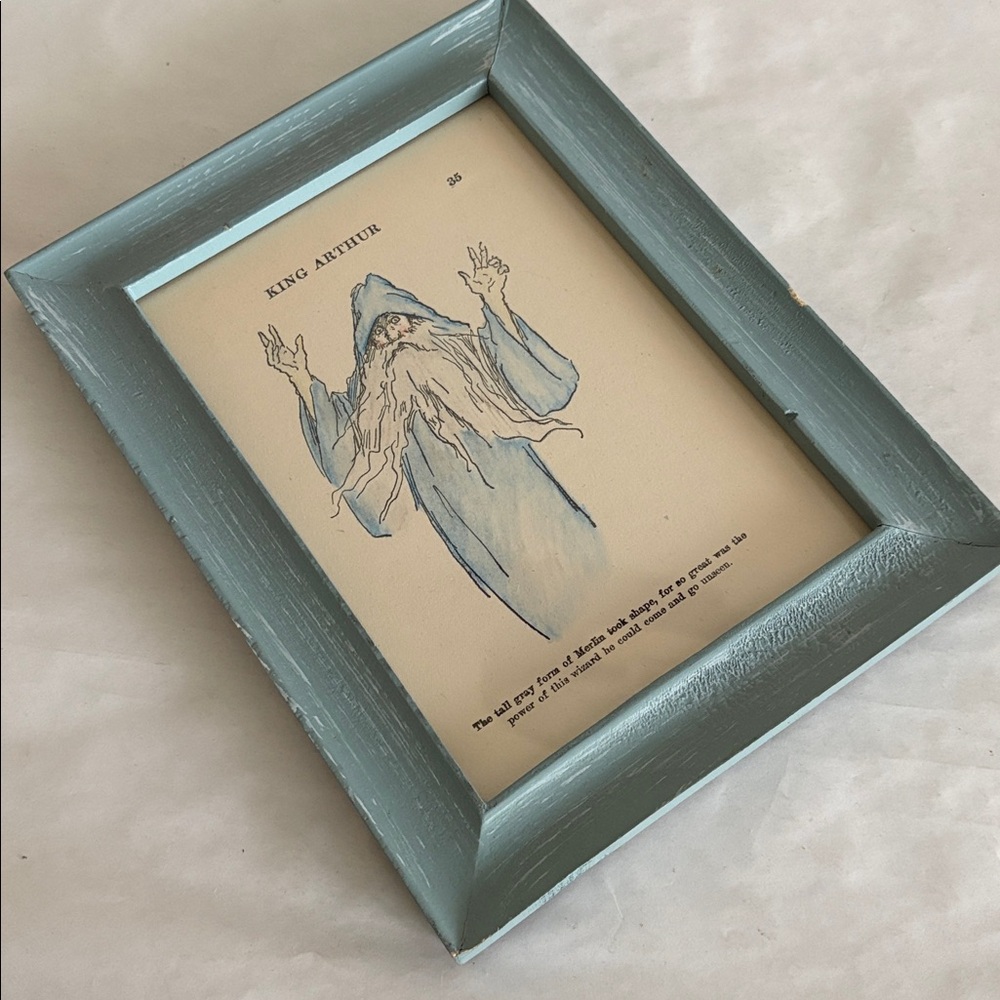 framed watercolored Merlin the Great Wizard King Arthur Illustration blue wooden